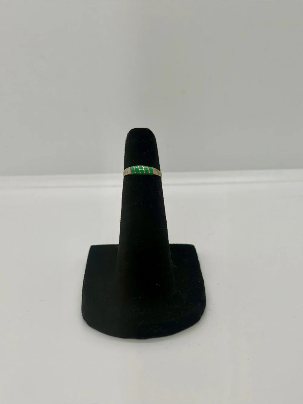 Vintage Sterling Silver Green Enamel Striped Baby Band Ring Size 1.5